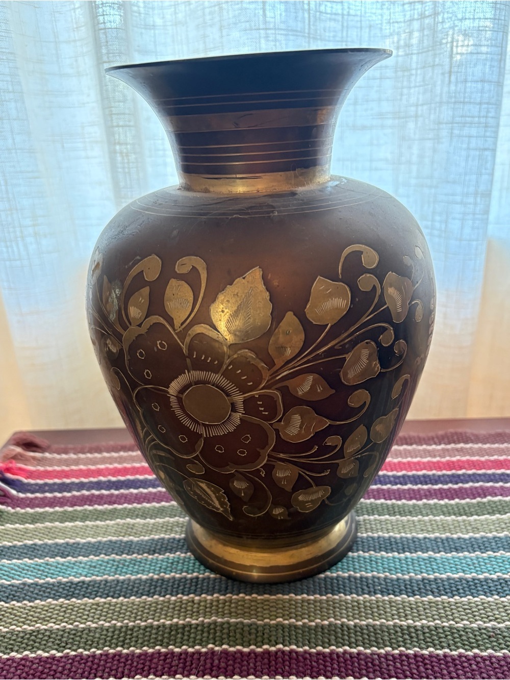 Brass Elephant Engraved Decorative Vase - Brown & Gold